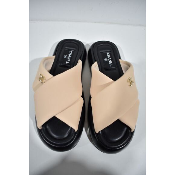 Chanel Beige Black Fabric Criss Cross Puffy CC Logo Slide Mule Sandal Flat 37 - Picture 7 of 12